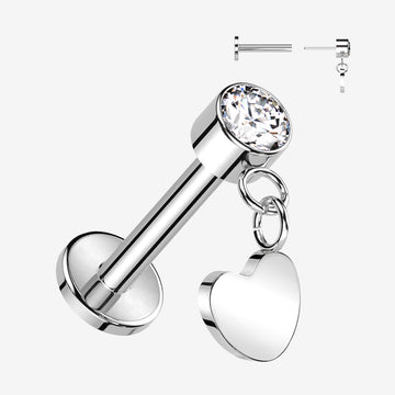 Implant Grade Titanium OneFit Threadless Sparkle Dangle Heart Top Flat Back Labret-Clear Gem